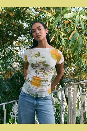 Next /Ecru Short Sleeve Ruched Mesh Top