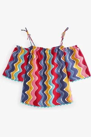 Next Multi Colour Wave Print Strappy Bardot Short Sleeve 100% Cotton Top