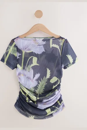 Next Kew Collection Floral Print Short Sleeve Ruched Mesh Top