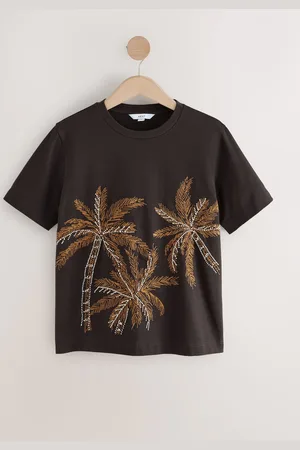 Next Chocolate Short Sleeve Palm Tree Embellished 100% Cotton T-Shirt