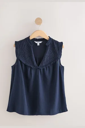 Next Woven Mix V-Neck Embroidered Frill Sleevless Top