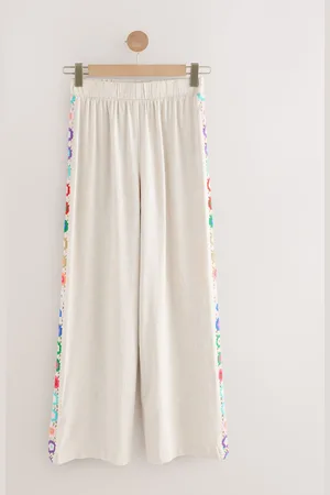 Next Natural Wide Leg Trousers With Linen and Crochet Trim