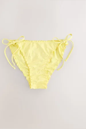 Next Yellow Floral Embroidered Lettuce Edge Tie Side Bikini Bottoms