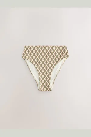 Next Khaki /Cream Foil Woodblock High Waist High Leg Bikini Bottoms