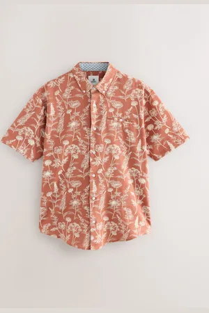 Next Rust Red 100% Cotton Textured Floral Print Short Sleeve Shirt