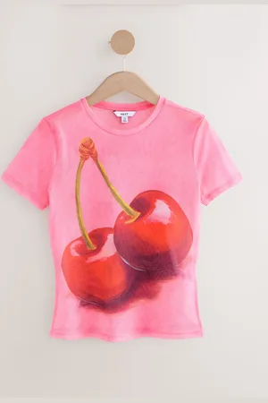 Next Cherries Short Sleeve Ruched Mesh Top
