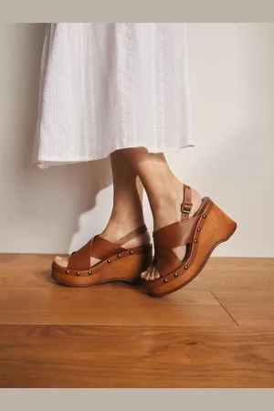 Next Signature Premium Leather Cross-Over Stud Detail Slingback Platform Clog Wedges