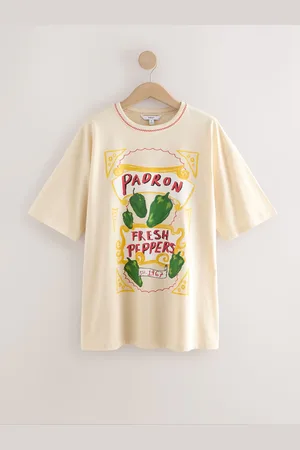 Next Ecru Padron Peppers Fun Graphic Oversized Knit Trim Neck Detail Short Sleeve Crew Neck T-Shirt