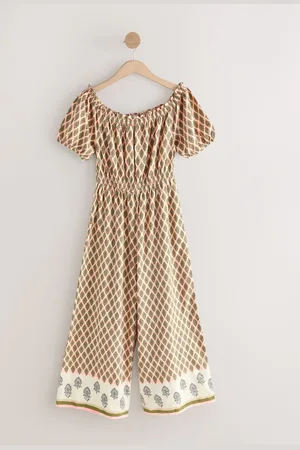 Next Khaki Off Shoulder Wide Leg 100% Cotton Jumpsuit