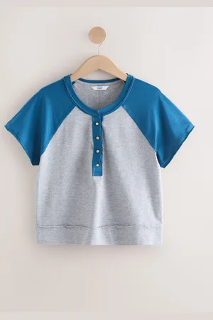 Next /Grey Shorter Length Raglan Colourblock Short Sleeve Button Henley T-Shirt