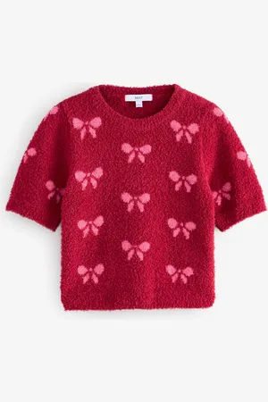 Next Red/ Short Sleeve Crew Neck Bow Knitted Jumper