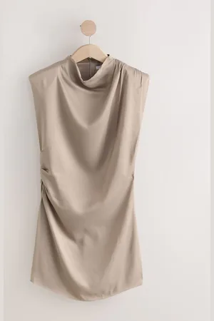 Next Taupe High Neck Shoulder Pad Rouched Mini Dress