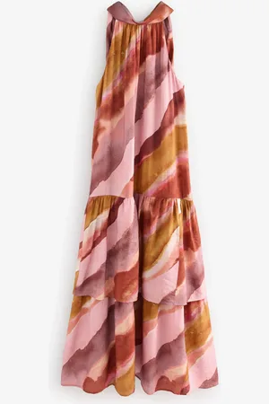 Next Pastel And Orange Blurred Stripe Halter Tie Neck Layered Maxi Dress