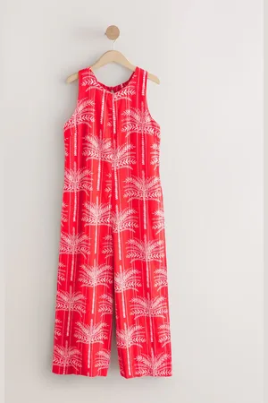 Next Red & Palm Print Linen Sleeveless Jumpsuit