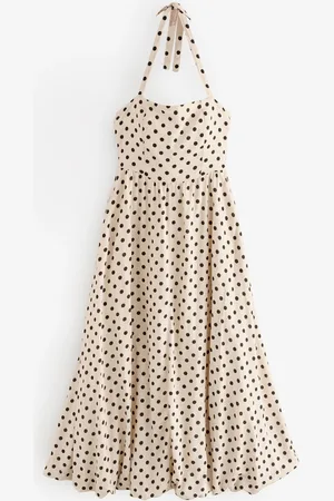 Next Ecru/ Spot Puff Hem Halter Neck Midi Dress