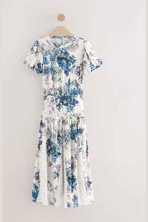 Next Blue/ Floral and Blue Spot Short Sleeve Crew Neck Spliced Midi Dress