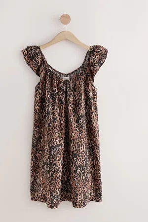 Next Animal Leopard Print V-Neck Ruffle Sleeve Mini Dress with Linen