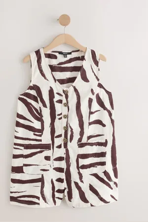 Next Chocolate Zebra Print 100% Cotton V-Neck Button Down Playsuit
