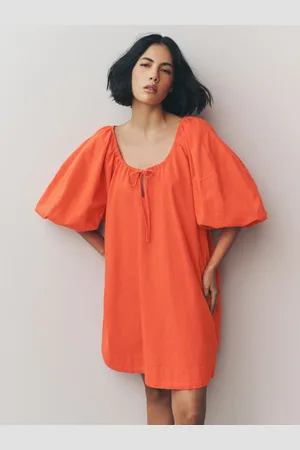 Next Bright Orange 100% Cotton Puff Sleeve Tie Front Mini Dress