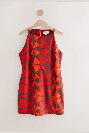 Next Red and Geo Print Mini Sleeveless Racer Stretch Linen Blend Dress