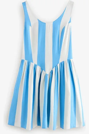 Next Blue/ Stripe Sleeveless Scoop Neck Waisted Mini Dress with Linen