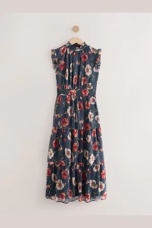 Next Blue Floral Printed High Neck Tiered Occasion Maxi Dress