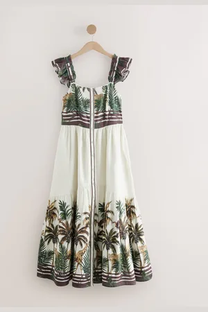 Next Ecru/ Palm Print Flutter Sleeve Tie Back Tiered Maxi Boho Dress