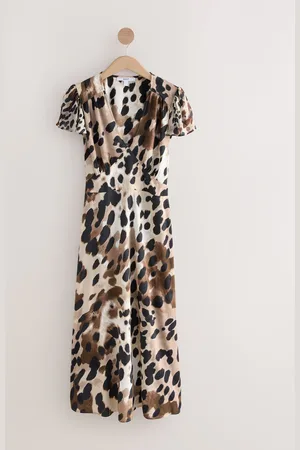 Next Cow Animal Print Flutter Sleeve V-Neck Tie Waist Maxi Dress