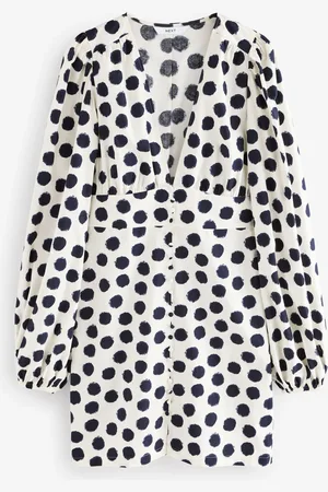 Next Monochrome 100% Cotton Long Sleeve Blouson Sleeve Waisted Mini Dress