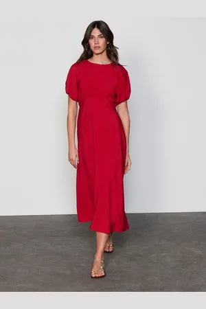 Next Bright Red Print Puff Sleeve Midi Dress