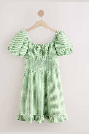 Next Gingham 100% Cotton Puff Sleeve Milkmaid Mini Dress