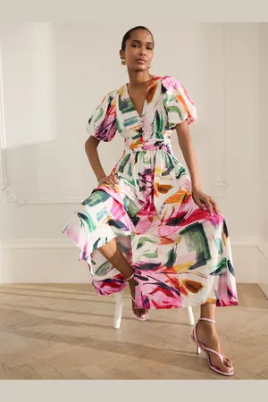 Next Abstract Print Puff Sleeve Button Down Occasion Maxi 100% Cotton Dress