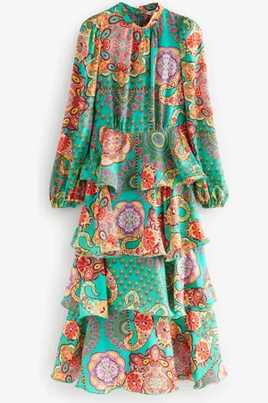 Next Bright Paisley Print N. Premium Long Sleeve Tiered Boho Occasion Maxi Dress