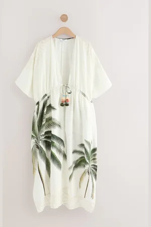 Next Ecru Palm Maxi Tie Waist Kimono Cover-Up