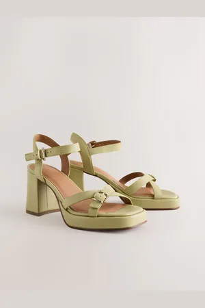 Next Lime Forever Comfort Leather Square Toe Strappy Buckle Detail Platform Block Heels