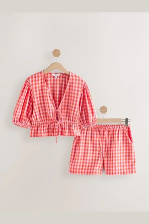 Next Red/ 100% Cotton Textured Puff Sleeve Tie Front Gingham Top