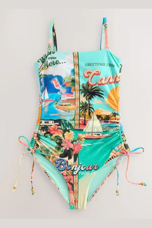Next /Yellow Scenic Print Bandeau Ruched Leg Tummy Control Shaping Swimsuit