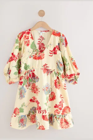 Next Ecru/ & Red Floral Volume Sleeve Tie Mini Dress
