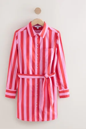 Next Red/ Stripe 100% Cotton Tie Waist Mini Shirt Dress