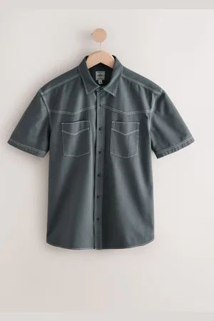 Next Charcoal Twin Pocket Contrast Stitch Short Sleeve 100% Cotton Shirt