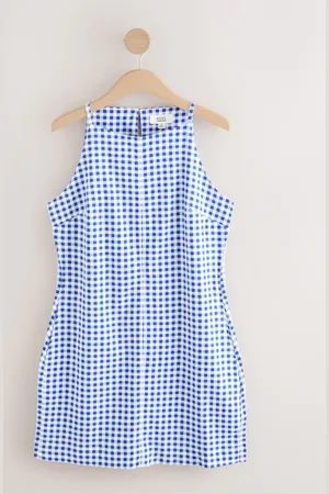 Next Light Gingham Mini Sleeveless Racer Stretch Linen Blend Dress