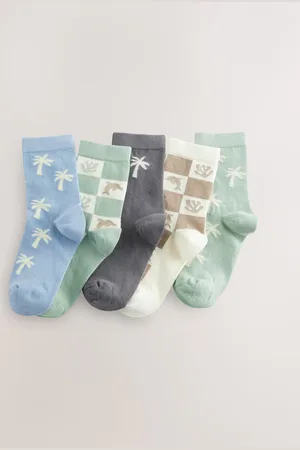 Next Sage Green/ /Neutral Palm Trees Cotton Rich Socks 5 Pack