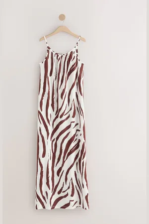 Next Brown/ Zebra Maxi Length Trapeze Shape Ruched Neckline Thin Vest Strap Dress
