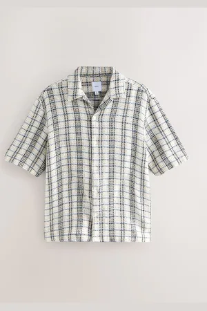 Next Ecru/ Textured Check Short Sleeve 100% Cotton Shirt