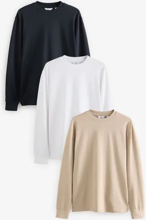 Next /White/Stone Relaxed Fit Long Sleeve Heavyweight 100% Cotton T-Shirts 3 Pack