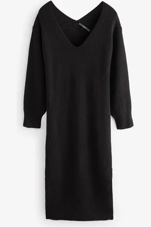 Next Long Sleeve V-Neck Midi Ribbed Knitted Jumper Dress