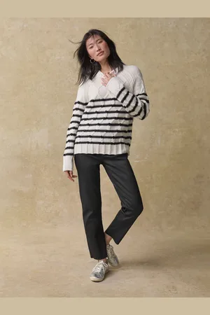 Next /White Stripe Crew Neck Cable Knitted Jumper With Wool