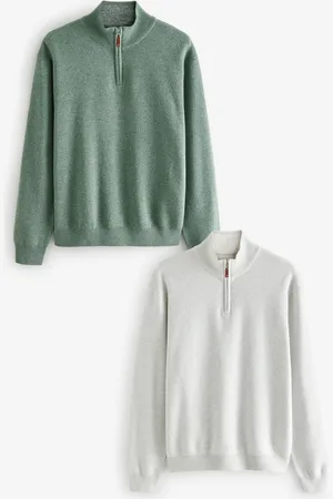 Next Sage /Oatmeal Regular Fit 100% Cotton Premium Quarter Zip Jumpers 2 Pack