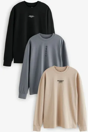 Next /Stone/Grey Long Sleeve Heavyweight Back Print Graphic 100% Cotton T-Shirts 3 Pack