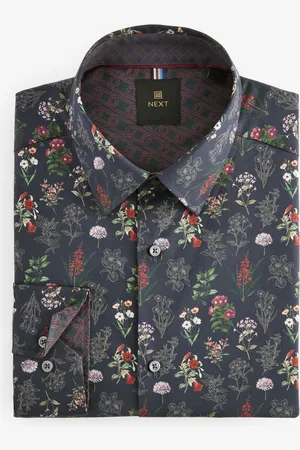 Next Blue Floral Print Regular Fit 100% Cotton Single Cuff Formal Shirt